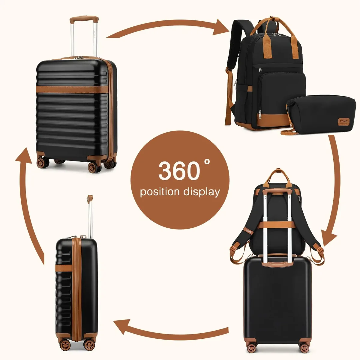 ensemble de étuis rigides kono – étui robuste en abs + pc avec 4 rouleaux de verrouillage tsa, inclus. sac à dos de voyage et trousse de toilette 3 pièces