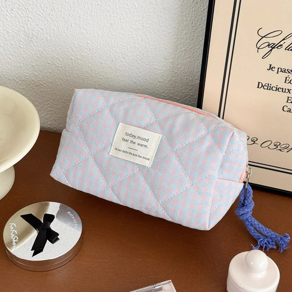 trousse polyester décontractée plaid violet rose orange bleu beige noir géométrique voyage cosmétique toile douce