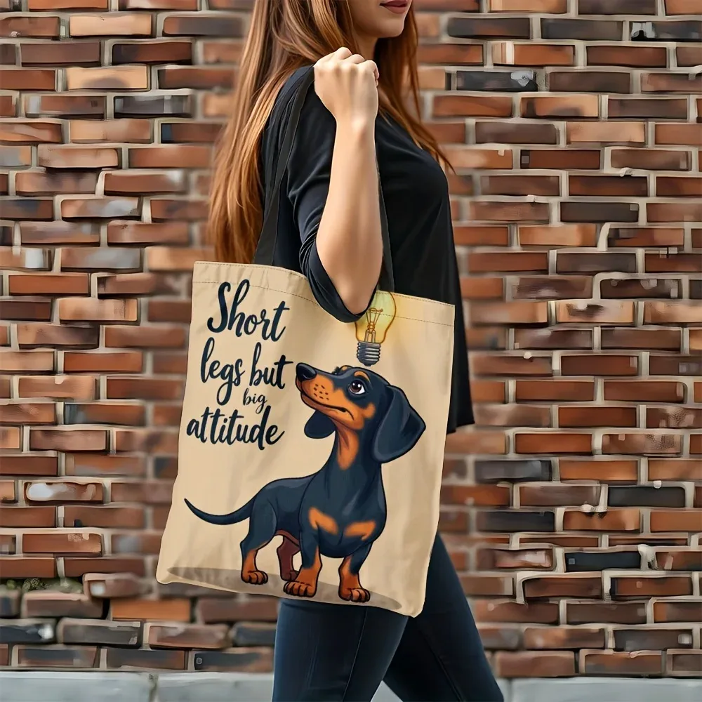 sac fourre-tout amusant en polyester durable à grande capacité avec motif de dessin animé teckel « jambes courtes, grande personnalité » pour les courses