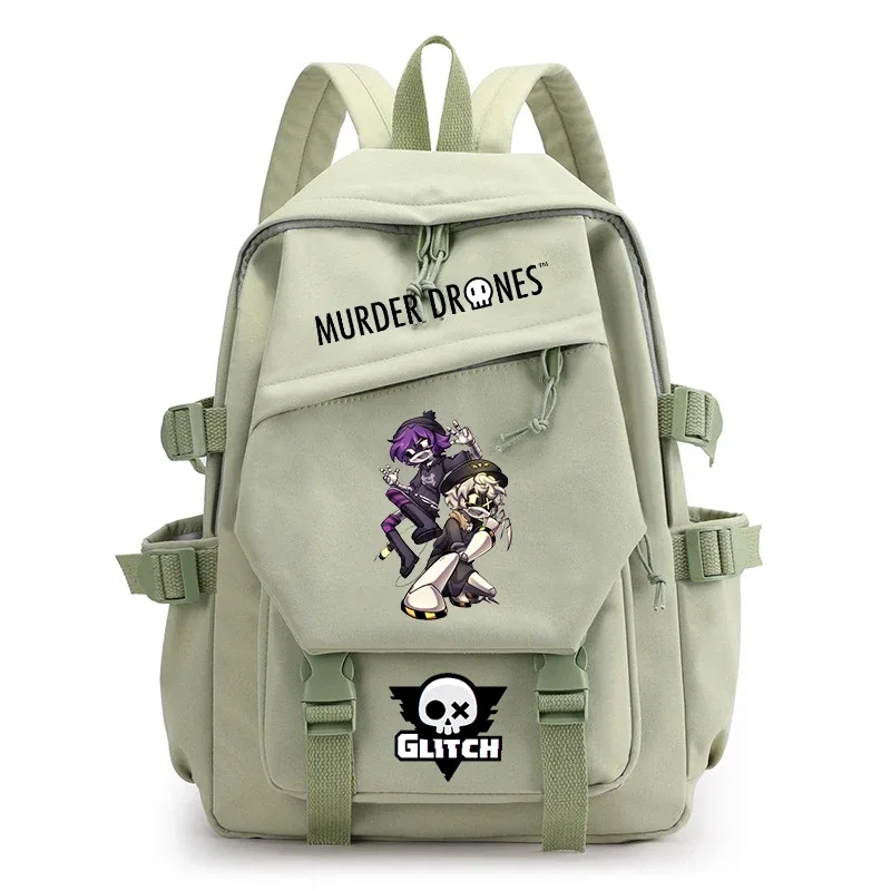 sac dos nylon dessin animé fille guitare murder drones glitch crâne hexagonal gris noir rose vert pastel bandoulière arcuée fermeture éclair usage voyage école