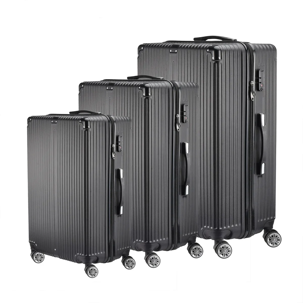 roshanda ensemble de valises 3 pièces 20 "24" 28 "abs coque rigide ensemble de bagages de voyage 4 roues fermeture éclair télescopique tige de traction ensemble m-l-xl, noir