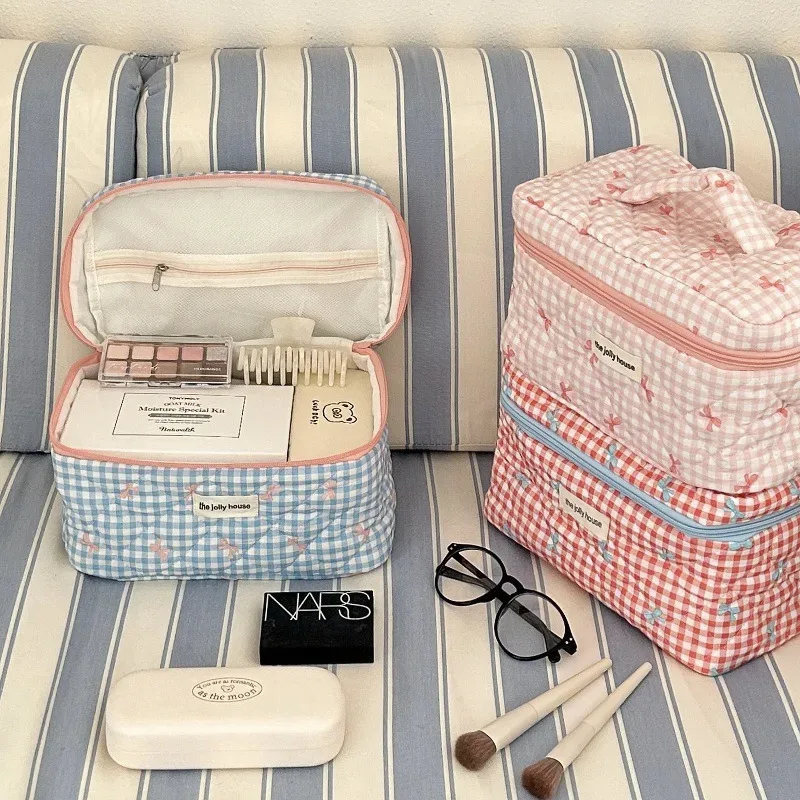 trousse de maquillage matelassée à carreaux avec nœud, grande capacité, pour pinceaux et soins de la peau, sac de voyage cosmétique