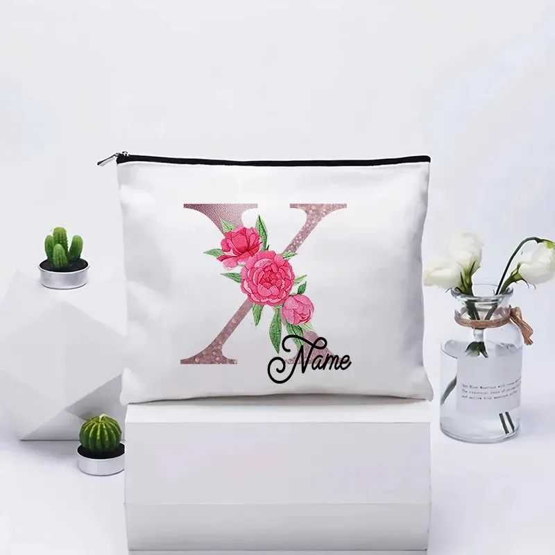 trousse de maquillage personnalisable avec prénom, cadeau de mariage, grande pochette en toile à fermeture éclair, motif floral pivoine, essentiels de voyage, maquillage
