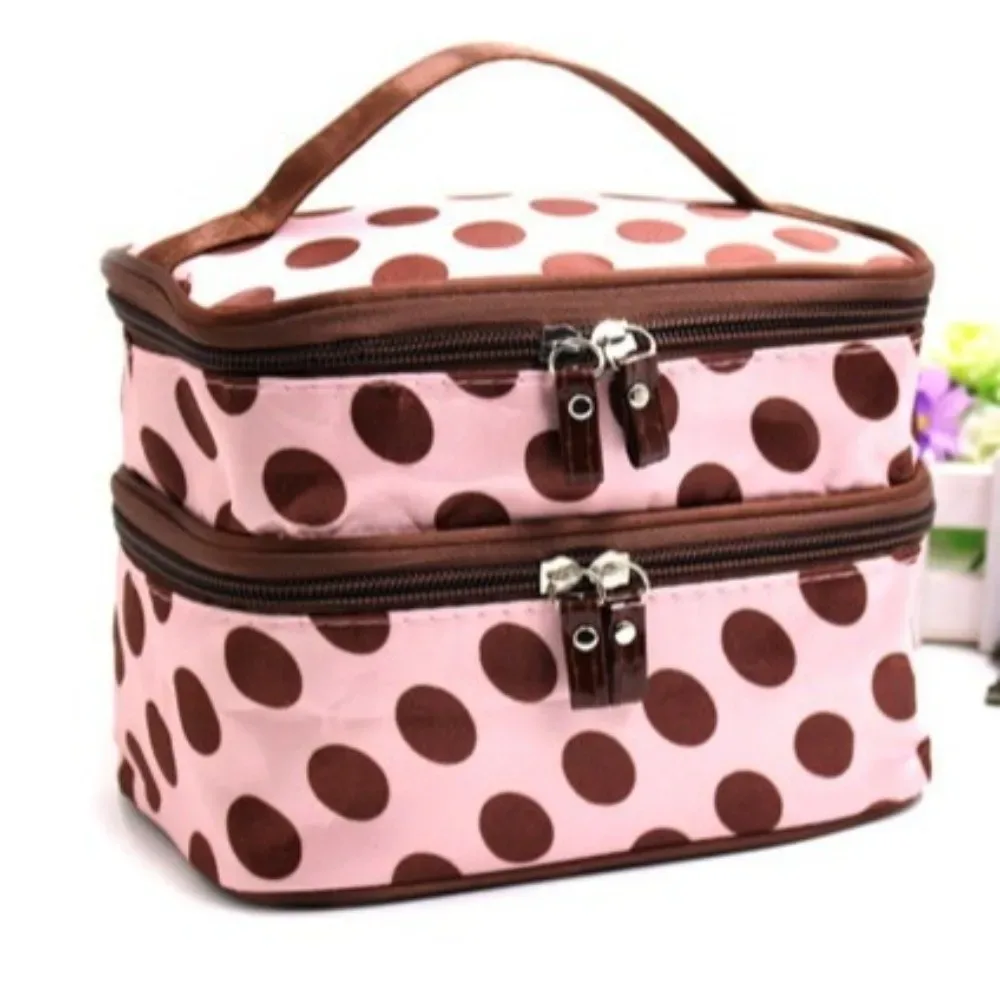sac de maquillage double couche à pois, trousse de toilette portable grande capacité, étui de voyage pour maquillage