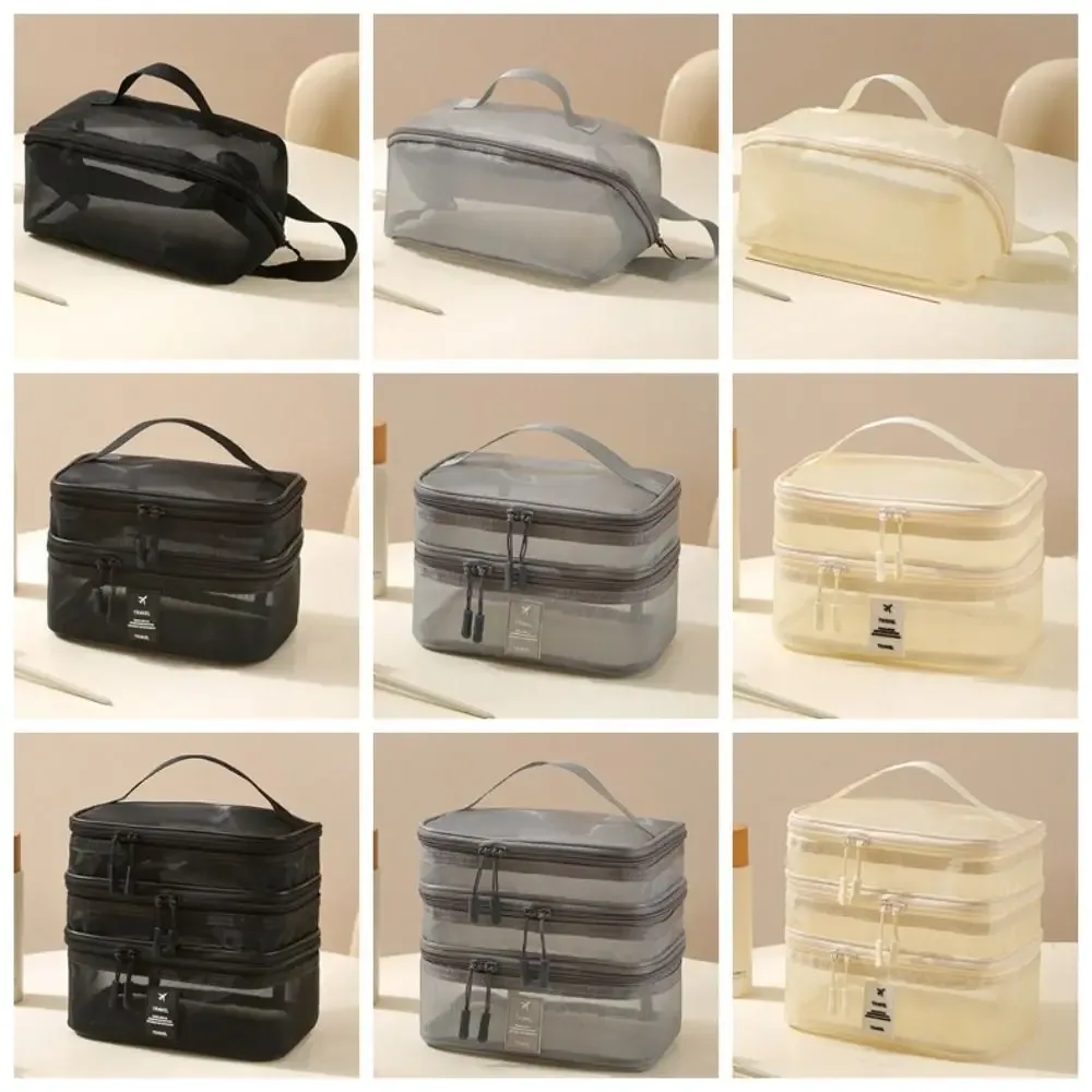 sacs à cosmétiques en maille à fermeture éclair, sac de rangement transparent à double couche 1/2/3 couches, pochette de lavage multifonctionnelle, sac de maquillage en perspective