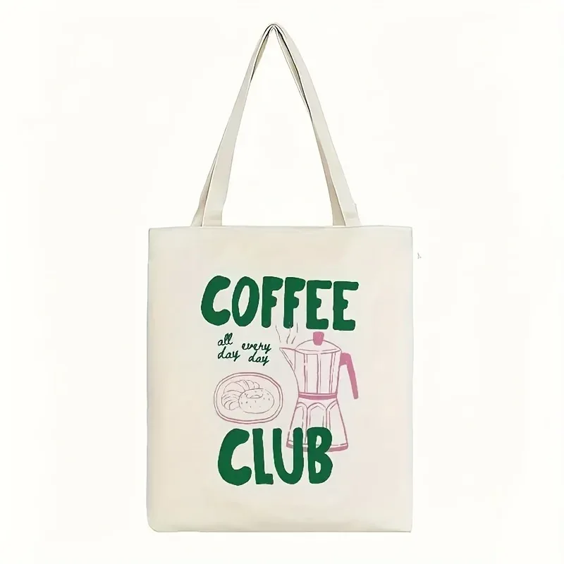 sac fourre-tout sur le thème du café, sac à bandoulière, avec lettrage vert et motif de tasse à café, adapté aux voyages, aux déplacements quotidiens et à une utilisation quotidienne décontractée.