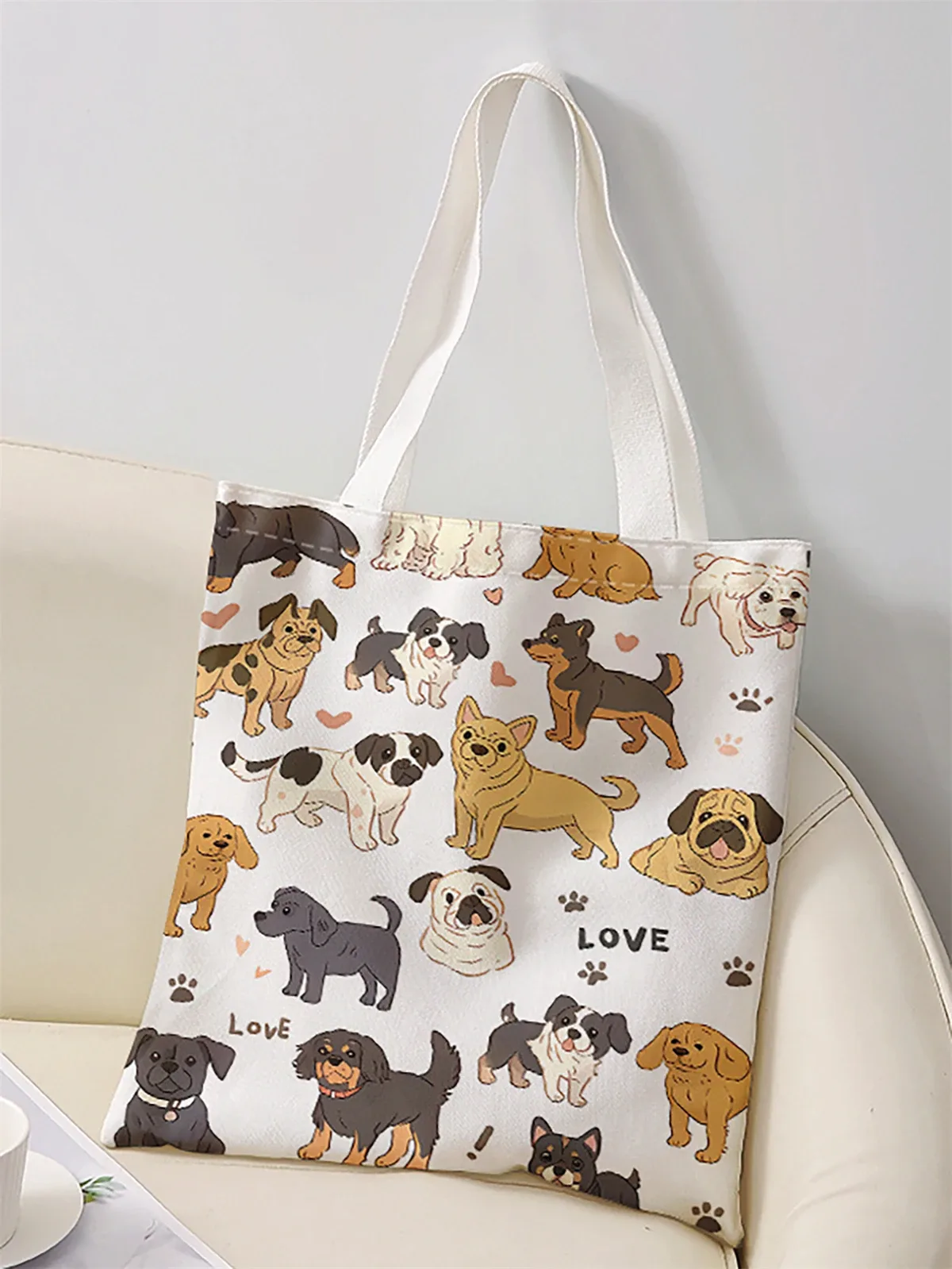 sac à main décontracté imprimé motif chien, sac à dos réutilisable à la mode, sac à main multifonctionnel, sac de shopping en toile