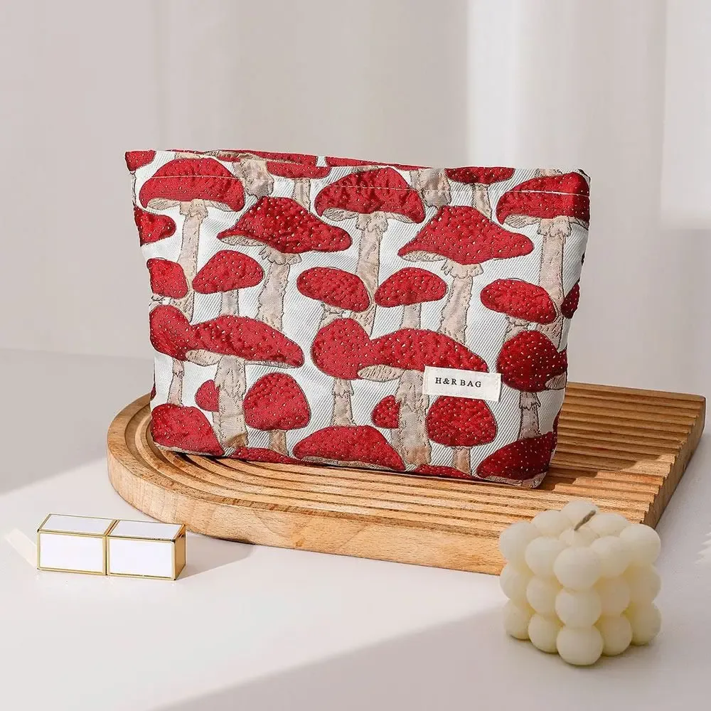 pochette de maquillage artistique en toile, taille m/l, motif champignon rouge, sac de rangement, porte-monnaie, porte-clés, cadeau