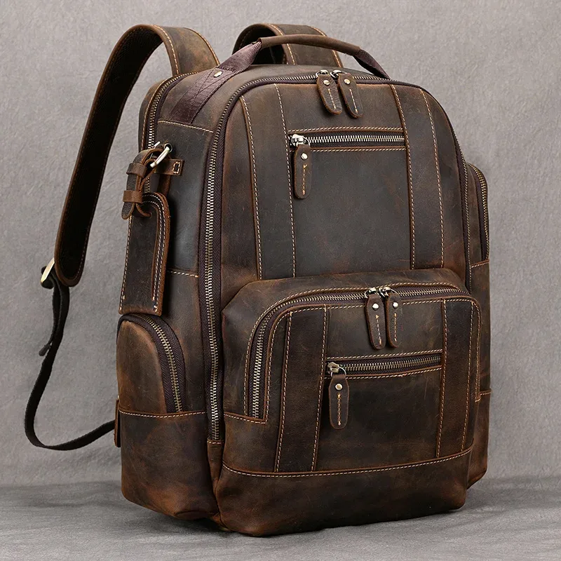 sac à dos de voyage en cuir véritable pour hommes, sac à dos de grande capacité, sacs à dos pour ordinateur portable masculin, mode de luxe, 15.6