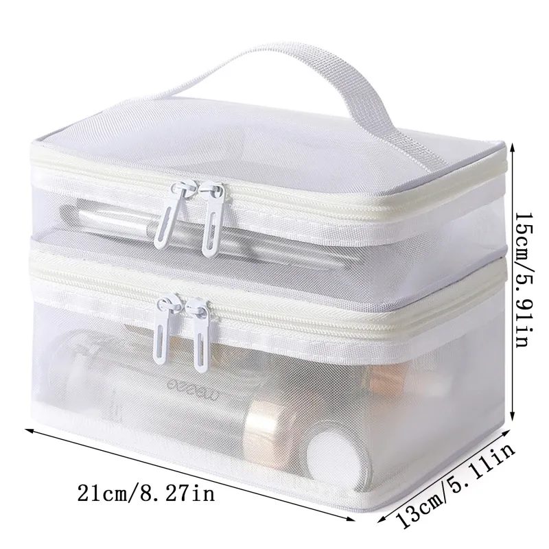 sac de rangement portable à 2 couches en maille avec fermeture éclair, trousse de maquillage à main, sac de voyage pliable transparent, pochette de toilette grande capacité