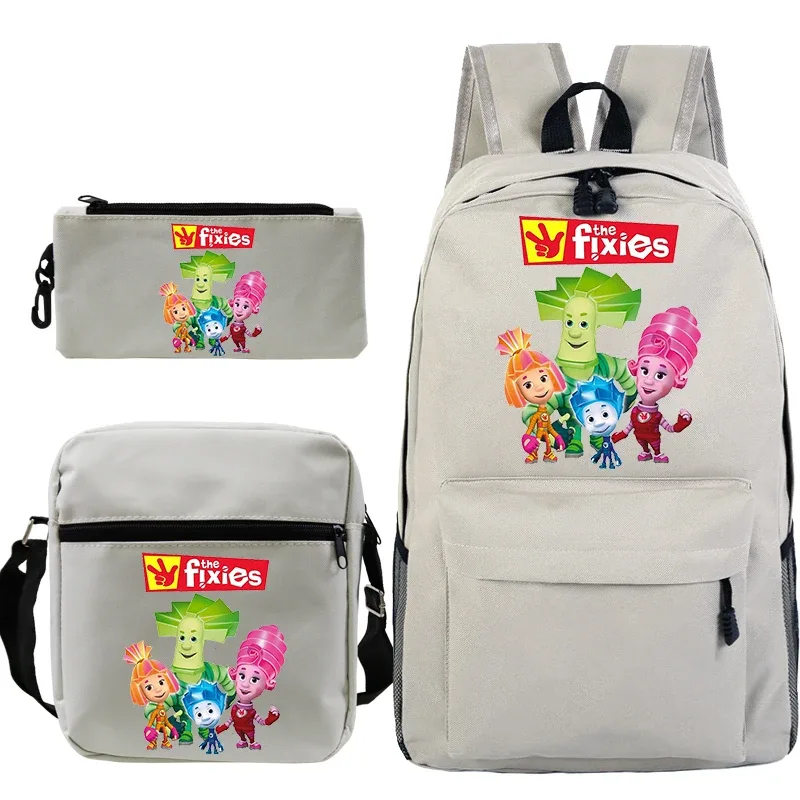 sac dos toile polyester imprimé personnages colorés the fixies unisexe décontracté compartiment intérieur bandoulière arquée fermeture éclair bleu noir gris voyage enfant