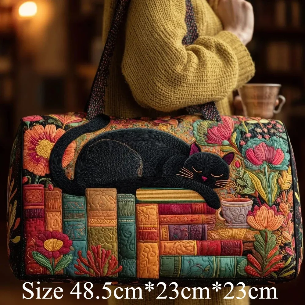 sac fourre-tout matelassé 3d mignon avec motif chat, citrouille d'halloween, feuilles d'automne et fleurs, sac à main de voyage unique, cadeau pour les amoureux des chats, sac à bandoulière