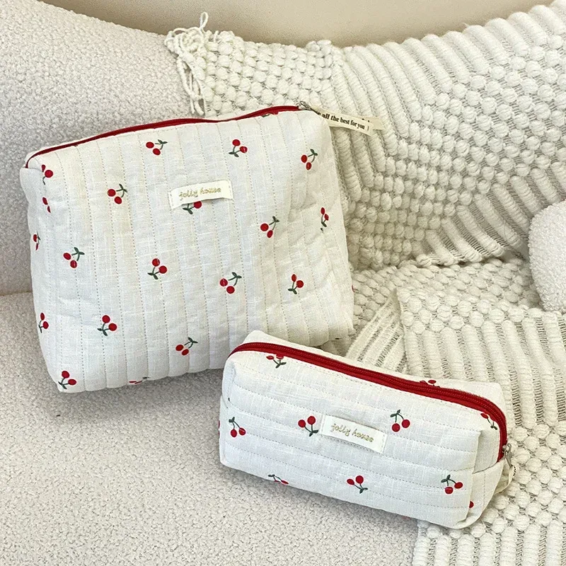 sac de rangement de voyage en coton matelassé pour femmes, sacs à cosmétiques rétro cerise, design mignon, trousse à crayons pour filles, trousse de maquillage, sacs à main