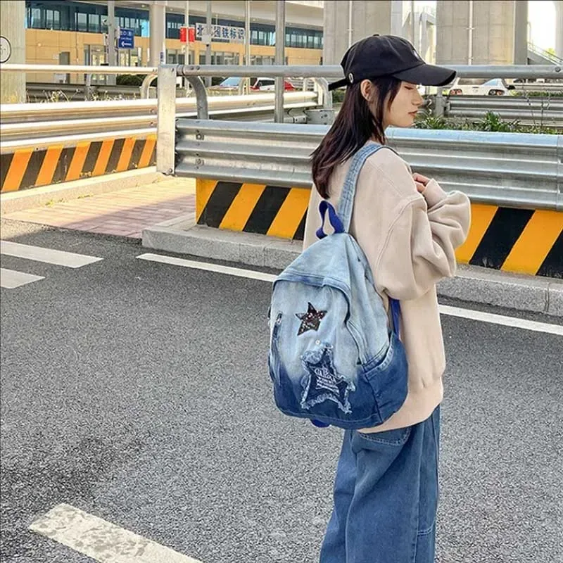 y2k coréen décontracté denim sac à dos mode étoile modèle grande capacité étudiant cartable adolescents vintage punk voyage livre sac