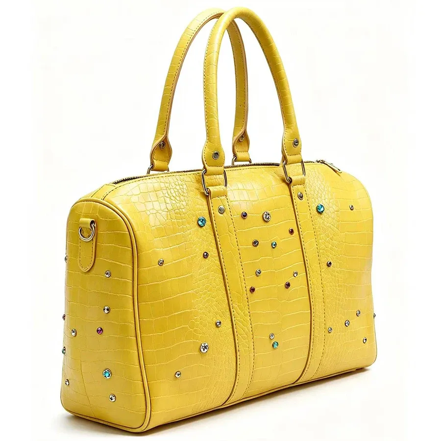 sacs à main décontractés, sacs de voyage, grande capacité, unisexe, sac à bandoulière, couleur jaune crocodile, orné de diamants et de pierres précieuses colorés.
