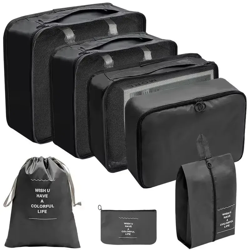 organisateur voyage polyester décontracté multicolore grand sac petits sacs pochette compression chaussures tris rectangulaire poignée fermeture glissière motif maille tissu résistant