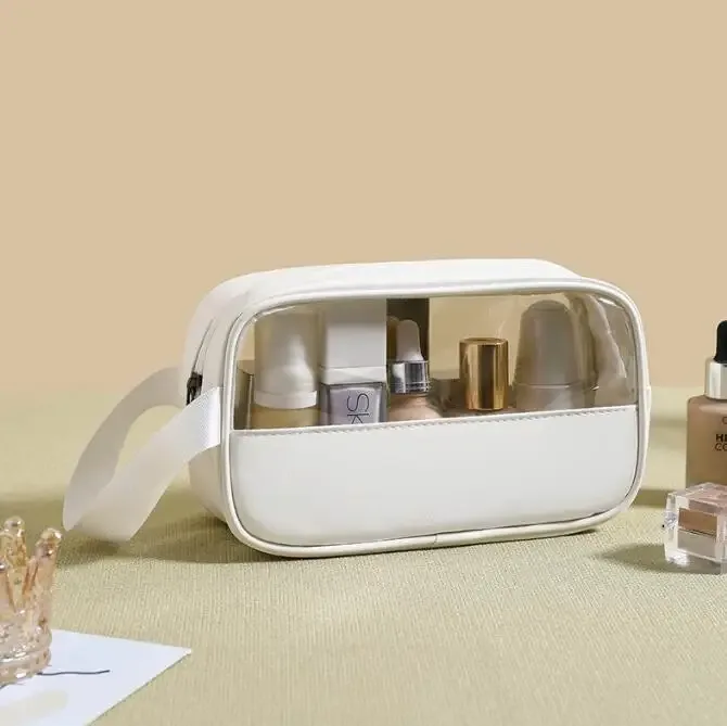 sac à cosmétiques personnalisé avec coutures brodées, sac de bain translucide en pvc de grande capacité, sac de rangement de voyage portable étanche en pu