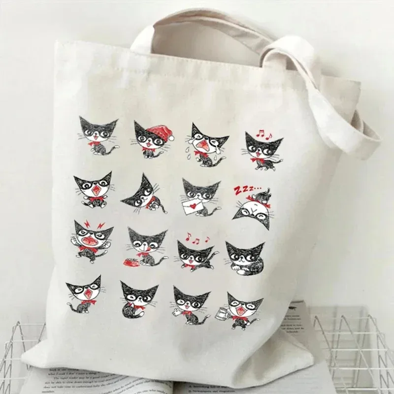 sac à main pour femme avec imprimé de chat de dessin animé, pliable, réutilisable, style harajuku, sac fourre-tout pour étudiants, sac de shopping en toile