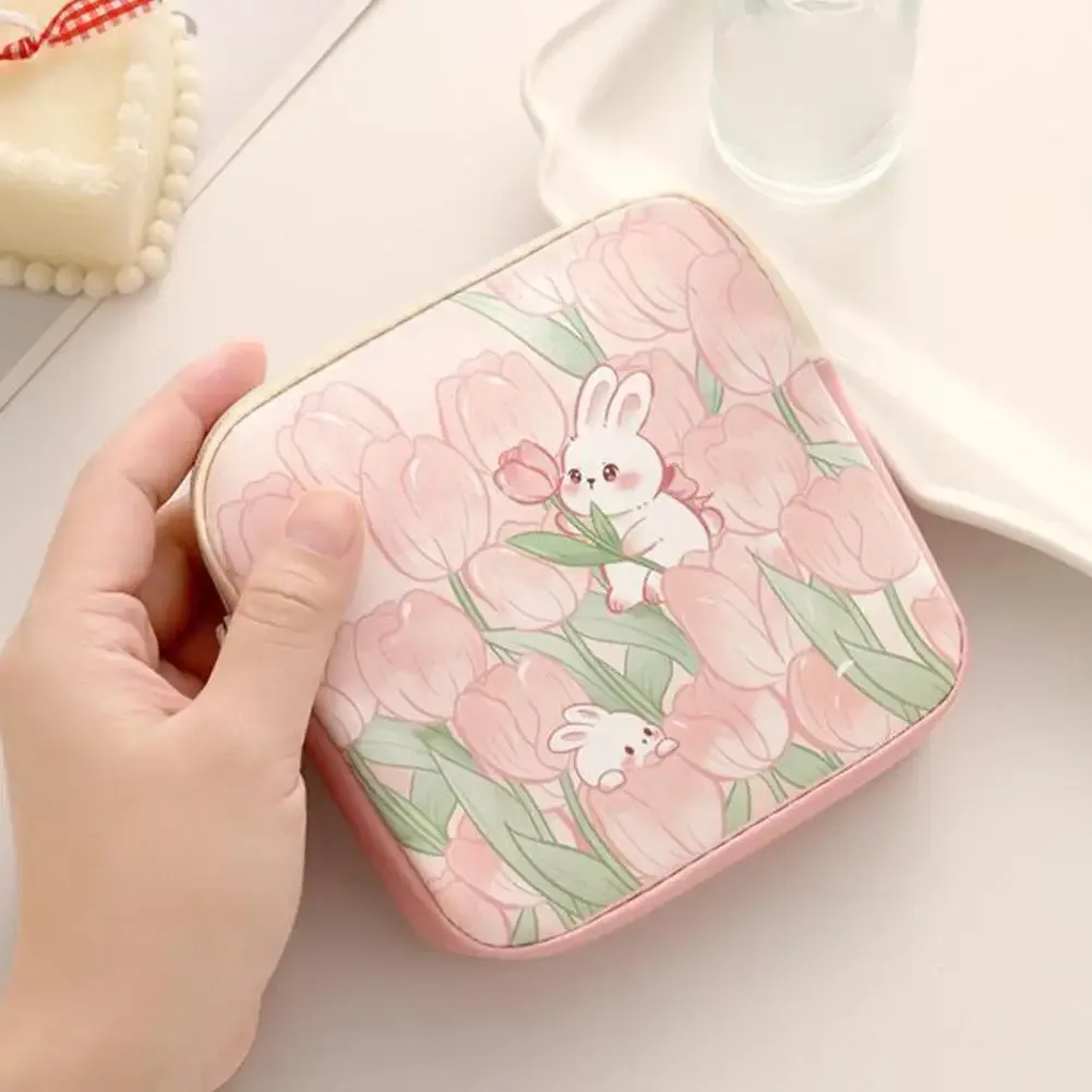 sac de rangement floral mignon en forme de lapin, mini organisateur de serviettes hygiéniques, pochette cosmétique portable pour femmes, sac à monnaie pour câbles de données