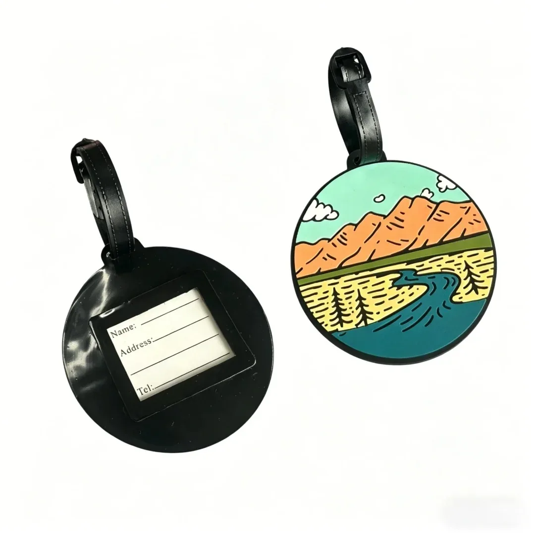étiquette bagage pvc motifs paysagers colorés voyage amateurs plein air navetteurs montagnes lacs forêts nuages lunes