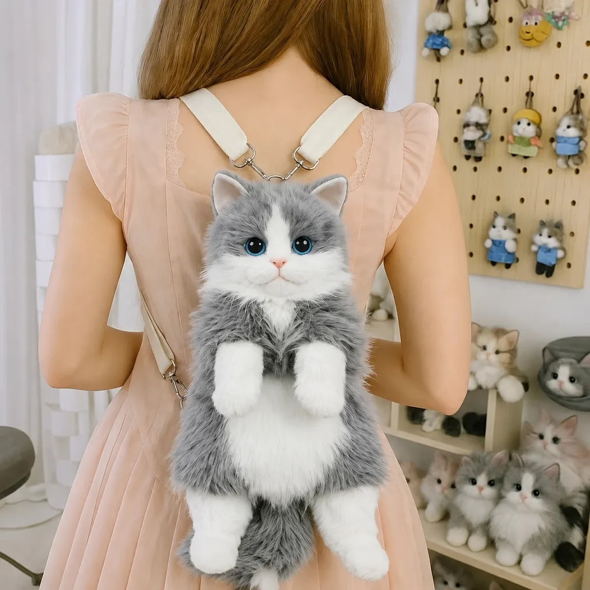 sac à dos en peluche chat mignon pour filles, sac animal kawaii 14 pouces, sac à bandoulière chaton doux pour tenues de tous les jours et cadeaux