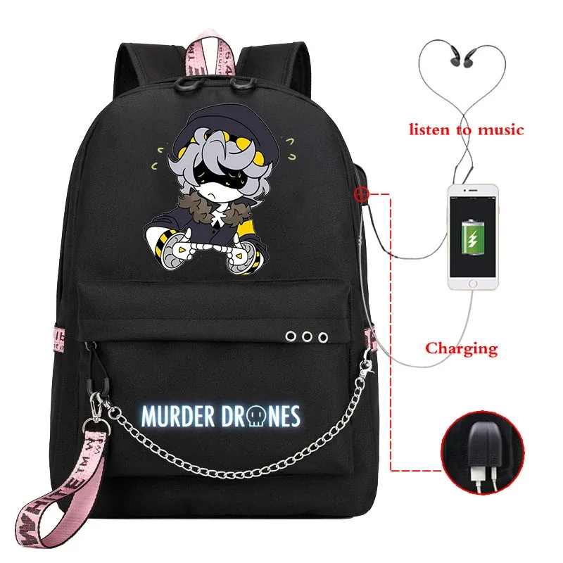 sac dos toile dessin animé personnages colorés logo murder drones chaîne métallique câble usb voyage capacité 20 35 litres