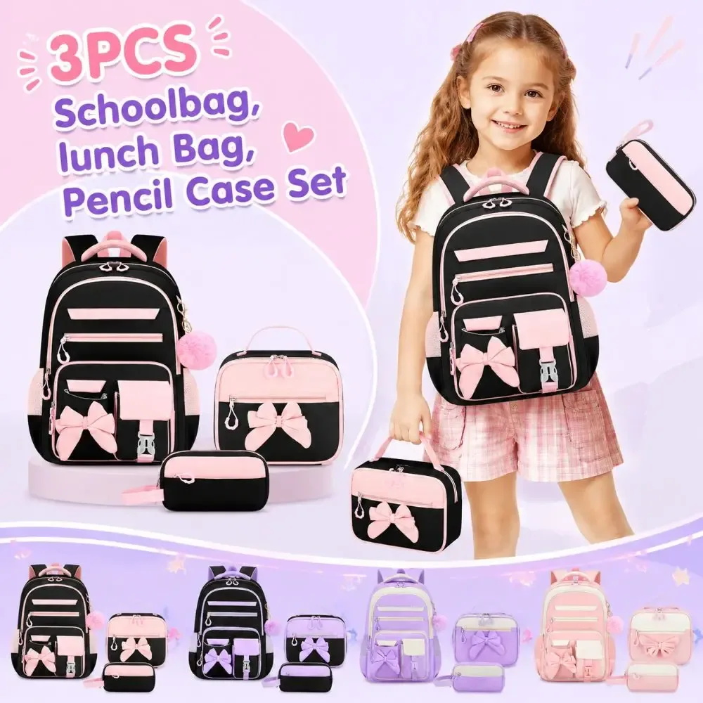 sac dos oxford cloth noir rubans pompons sac lunch boîte crayons palette rose gris imperméable usage ecole adolescente