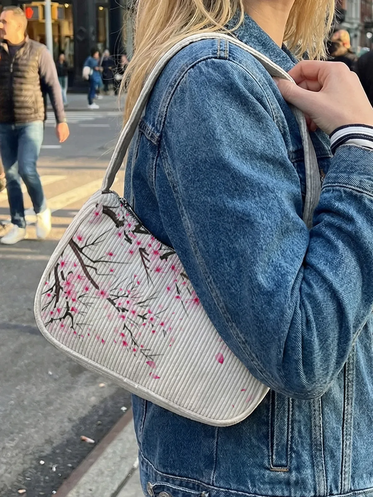 sac à bandoulière tendance à imprimé fleurs de cerisier, sac sous le bras en velours côtelé beige pour un usage quotidien décontracté