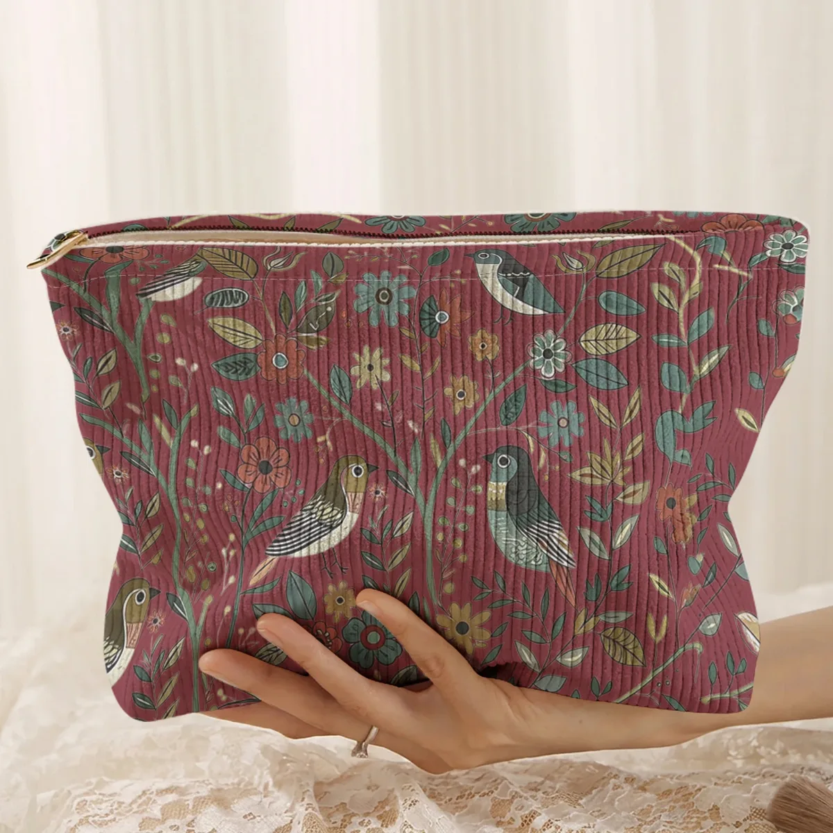 1 pièce, trousse de maquillage en velours côtelé avec motif d'oiseaux et de branches, légère et multifonctionnelle pour le rangement des cosmétiques.