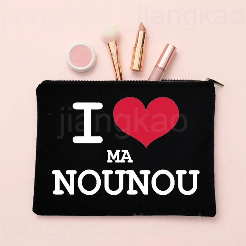 j'aime ma nounou, trousse de maquillage imprimée française, pochette de rangement de toilette de voyage, trousse à cosmétiques pour femmes, sacs à fermeture éclair, cadeau de remerciement pour nounou