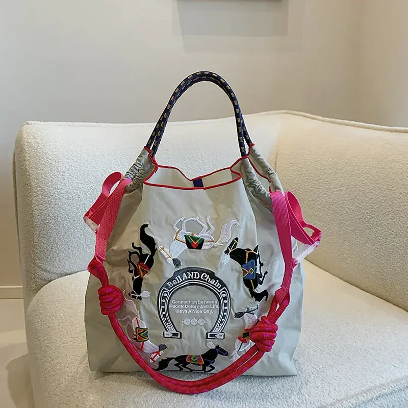sac fourre-tout en nylon brodé pour femmes, sac messager de grande capacité, sac de shopping décontracté pour femmes