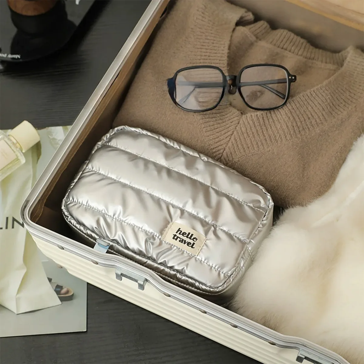 trousse de maquillage puffer, organisateur de voyage, sac de rangement cosmétique léger avec fermeture éclair, trousse de toilette portable pour femmes