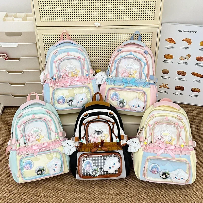 sac à dos coréen à nœud papillon, grande capacité, esthétique soignée, couleur transparente contrastante, pour l'école