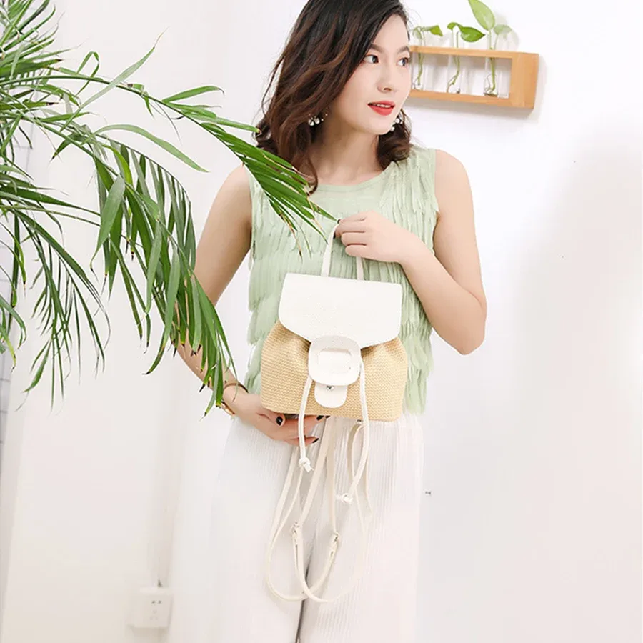 sac à dos en paille et en cuir synthétique pour femmes et adolescentes, sac à bandoulière, sac à cordon, sac de voyage pour femmes, sac à dos de grande capacité.