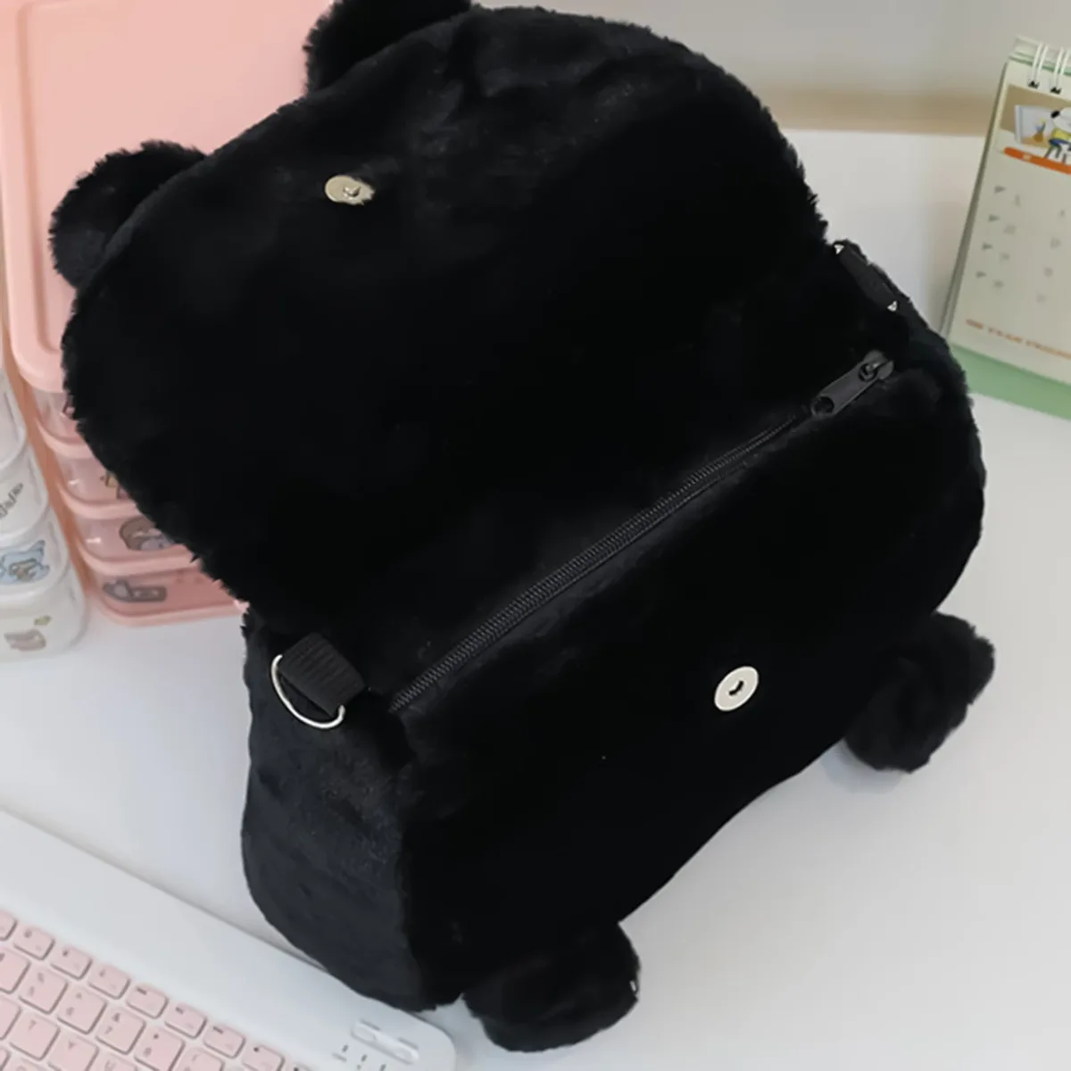 sac à dos en peluche chat noir pour filles, design chaton mignon, grande capacité, léger, pour l'école, les voyages et l'usage quotidien
