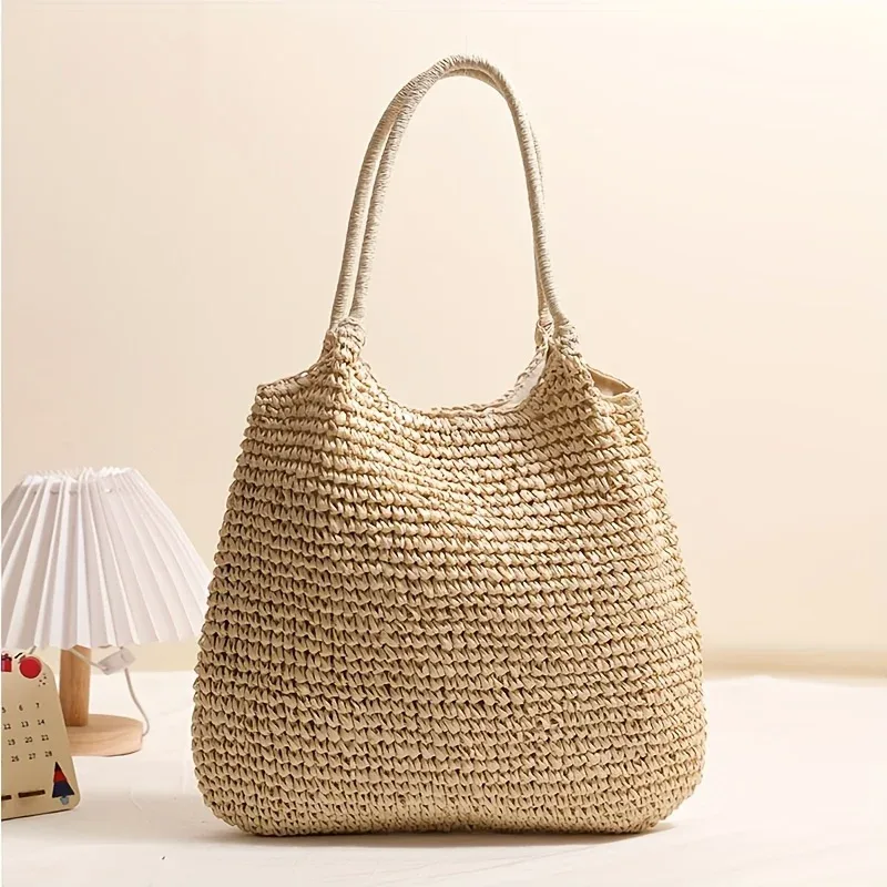 sac à bandoulière pour femme, sac fourre-tout en paille grande capacité tendance, sac à main décontracté uni facile à transporter pour les vacances, les voyages en plein air et le camping