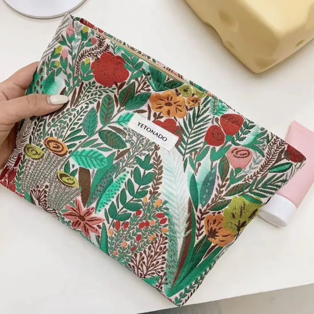 pochette en toile de polyester à motif floral, fermeture éclair, pochette de rangement cosmétique portable grande capacité