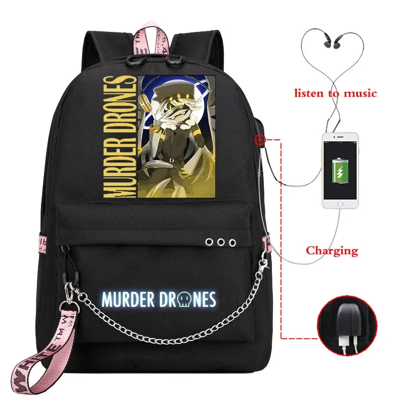 sac dos toile dessin animé personnages colorés logo murder drones chaîne métallique câble usb voyage capacité 20 35 litres
