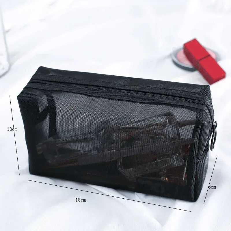 trousse de maquillage noire transparente pour femme, trousse de toilette et cosmétique, ensemble de poudres en maille, petite et grande, voyage