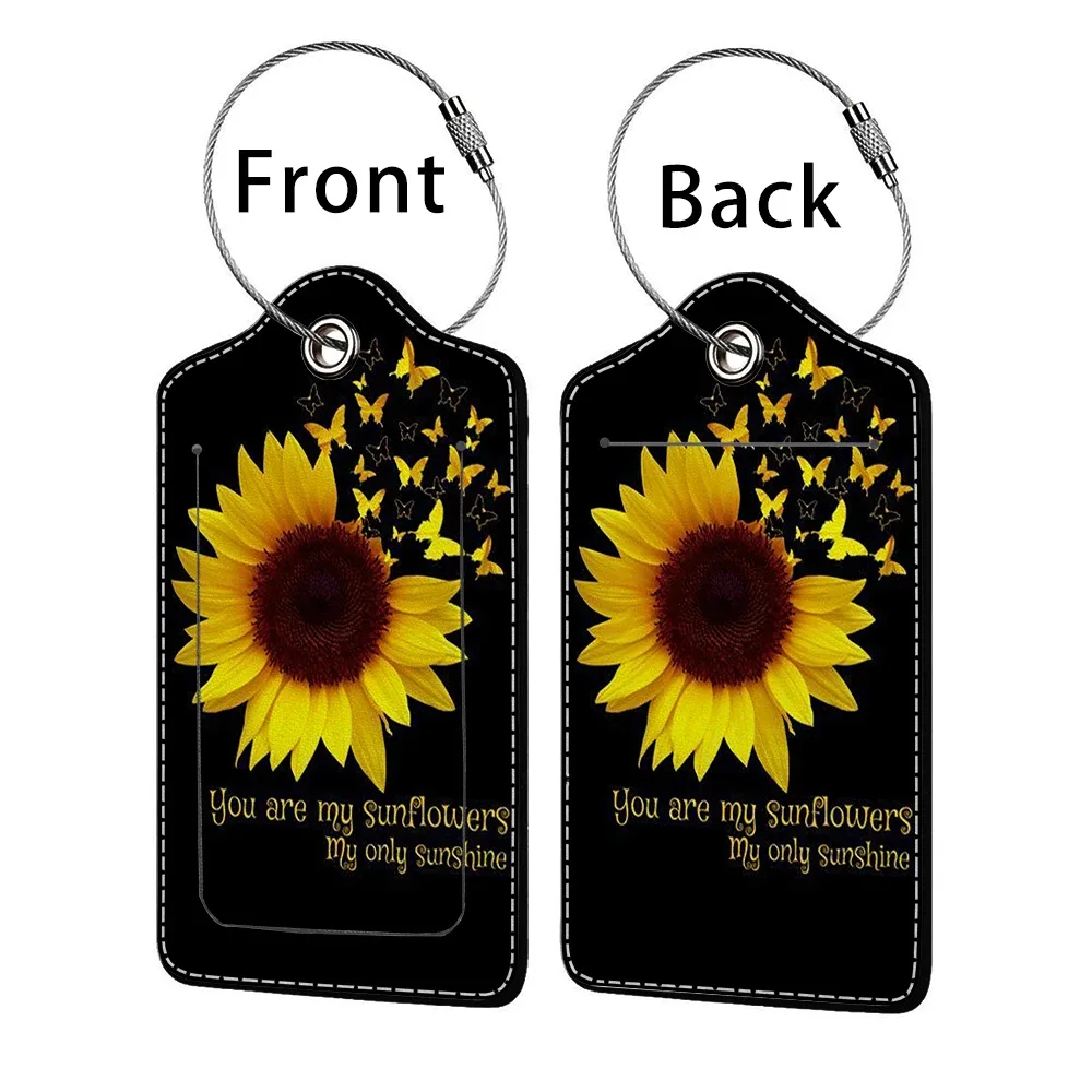 étiquette bagage polyuréthane motif tournesols bleu nuit jaune voyage identification personnelle plaques adresses double cartes bancaires