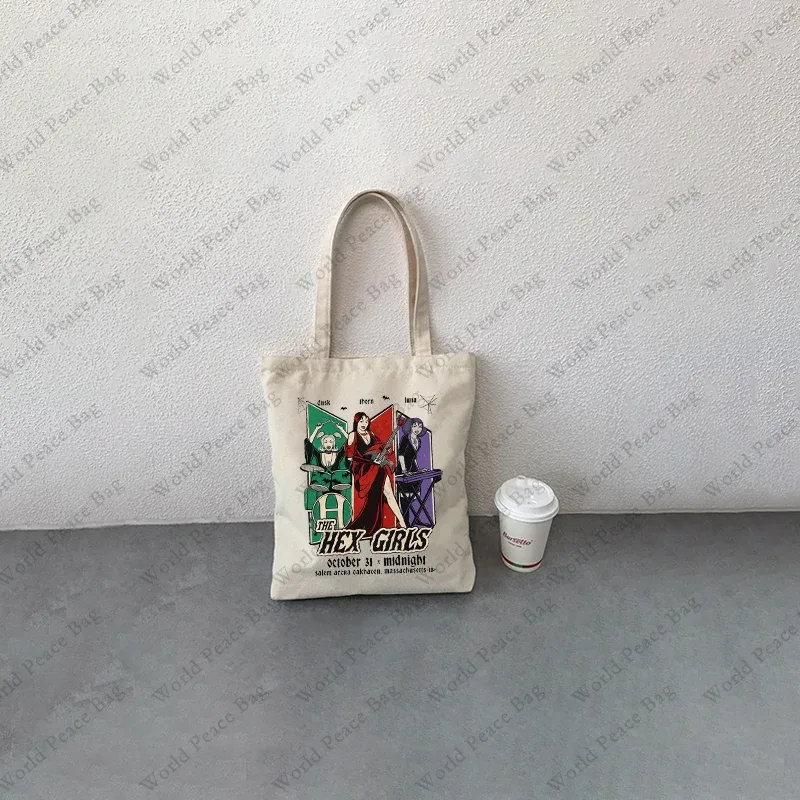 sac voyage toile motif hex girls beige bandoulière personnages stylisés voyage journee shopping réutilisable femmes
