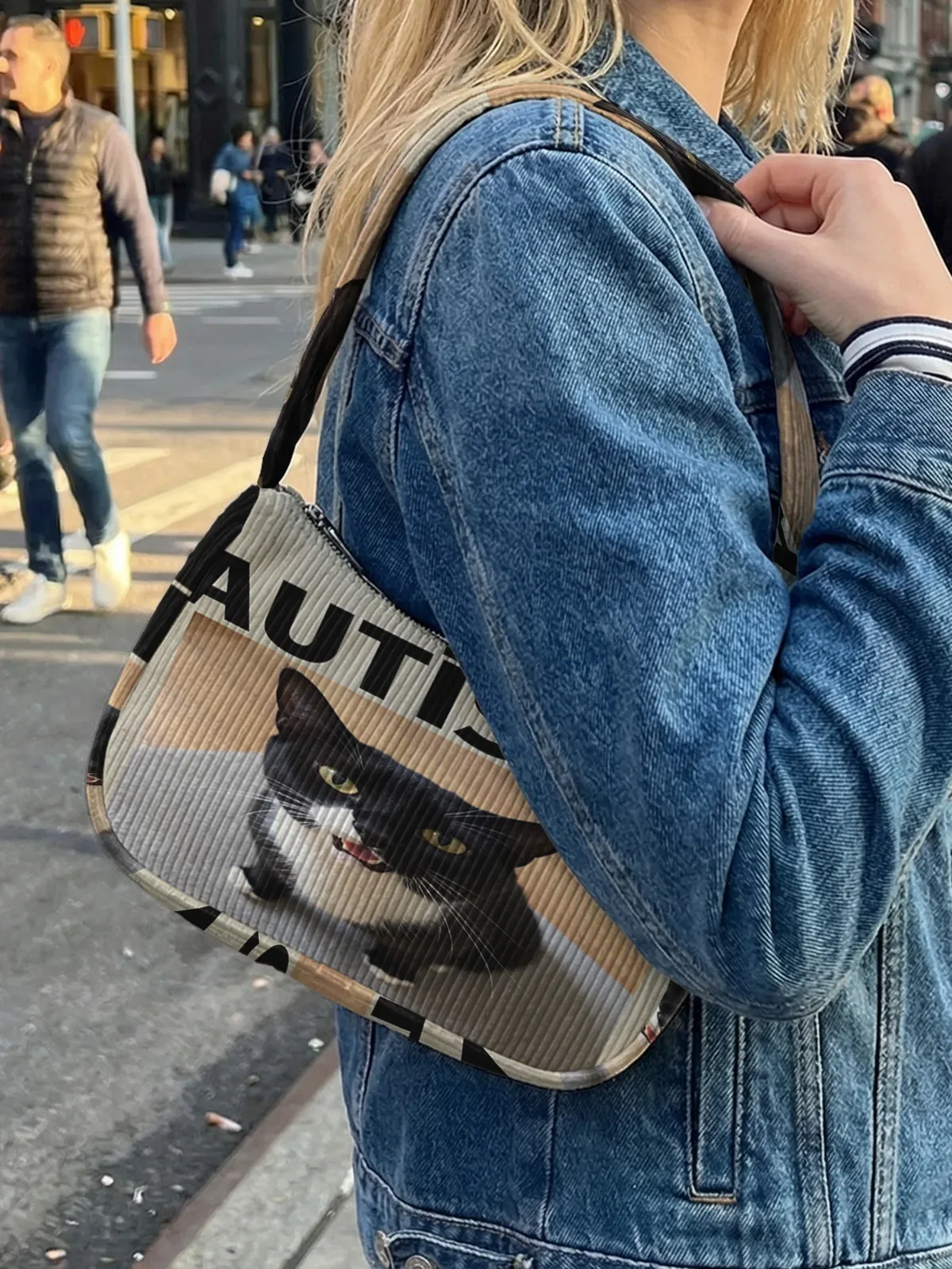 sac à bandoulière tendance imprimé chat en smoking, sac sous le bras en velours côtelé pour un usage quotidien décontracté