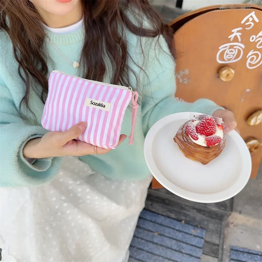 Petit sac à cosmétiques mignon, Mini organisateur rayé en toile pour femmes, sac de maquillage pour rouge à lèvres, sac à main