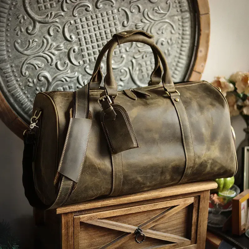 sac de voyage pour hommes en cuir de vache crazy horse, fait à la main, sac de sport pour le week-end, sac à main de grande capacité en cuir véritable