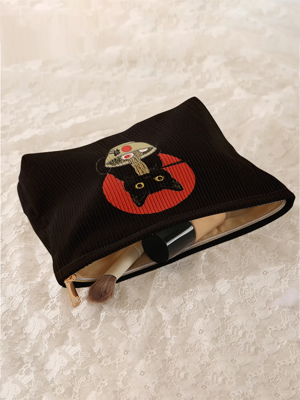 1 trousse de maquillage en velours côtelé imprimée à motif de chat noir, boîte de rangement de maquillage légère à fermeture éclair, sac multifonctionnel avec doublure