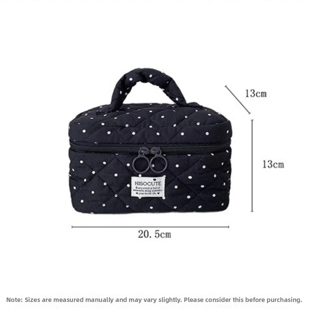 sac de maquillage matelassé à motif à pois kawaii, grande capacité avec poignée, organisateur de toilette de voyage, sac de rangement polyvalent pour femmes