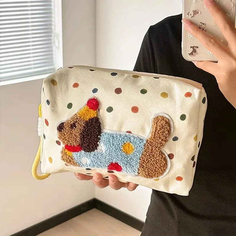 trousse de maquillage à motif de chiot mignon avec lanière, sac de rangement de cosmétiques en toile à points colorés, trousse de toilette de voyage portable pour femmes, sac à stylos