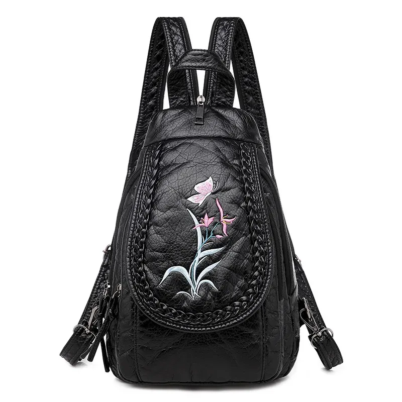 sacs à dos en cuir pu pour femmes, petit sac de voyage en cuir souple, sac à dos brodé pour dames