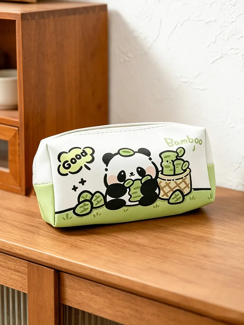 sac de rangement imprimé panda blanc et vert, pochette à fermeture éclair de grande capacité pour papeterie et cosmétiques, imperméable et résistant aux rayures