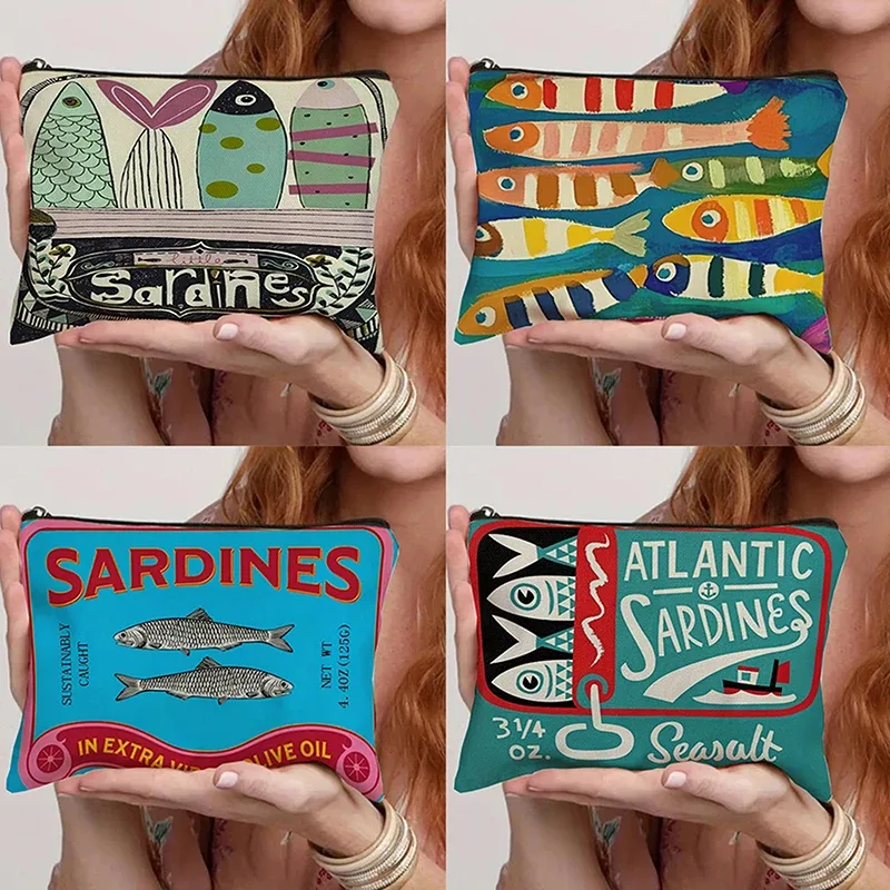 sac à cosmétiques en toile vintage, trousse de maquillage simple de grande capacité, pochette de voyage pour femmes, trousse de toilette rétro, design d'huile d'olive de sardines